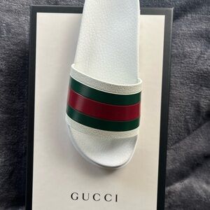 Gucci White Slides with Red and Green Stripes